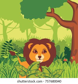 Cute lion in the jungle illustration vector
