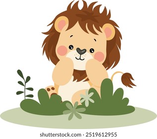 Cute lion in the jungle with leaves
