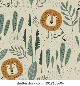 Cute lion jungle seamless pattern. Hand drawn vector illustration. for kids