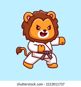 Cute Lion Karate Cartoon Vector Icon Illustration. Animal Sport Icon Concept Isolated Premium Vector. Flat Cartoon Style