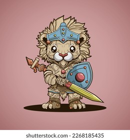 Cute Lion King Of Animal Warrior With Sword And Armor Vector Illustration Artwork Character Design