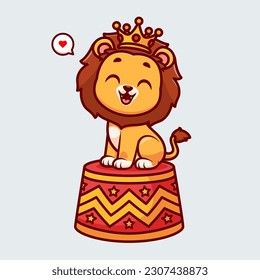 Cute Lion King Circus Cartoon Vector Icon Illustration. Animal Holiday Icon Concept Isolated Premium Vector. Flat Cartoon Style