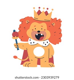 Cute lion in king costume vector cartoon character isolated on a white background.