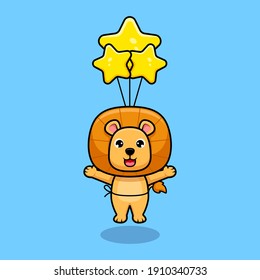 Cute lion king floating to the sky with balloon design icon illustration