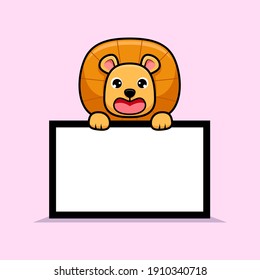 Cute lion king holding blank text board design icon illustration