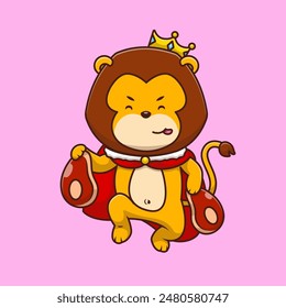 Cute Lion King Holding Meat While Jumping Cartoon Vector Icon Illustration. Animal Food Activities. Flat Cartoon Concept.