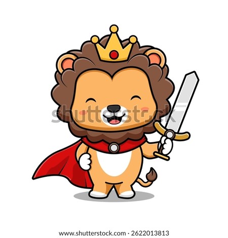 Cute Lion King Holding Sword Mascot Animal Character Icon Illustration. Flat Cartoon Style Suitable for Web Landing Page, Banner, Sticker, Card