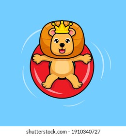 Cute lion king relaxing in swimming  pool design icon illustration