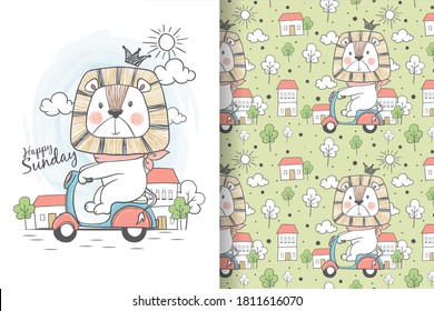 cute lion king riding scooter seamless pattern
