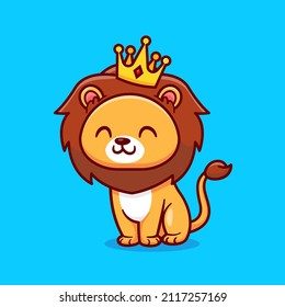 Cute Lion King Sitting Cartoon Vector Icon Illustration. Animal Nature Icon Concept Isolated Premium Vector. Flat Cartoon Style