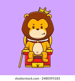 Cute Lion King Sitting In A Throne Cartoon Vector Icon Illustration. Animal Kingdom Activities. Flat Cartoon Design. Suitable for any creative project.