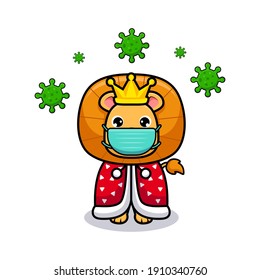Cute lion king wearing mask for virus prevention design icon illustration