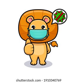 Cute lion king wearing mask for virus prevention design icon illustration