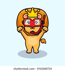 Cute lion king wearing swimming goggle design icon illustration