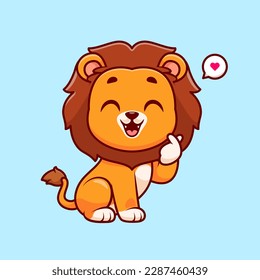 Cute Lion With Korean Love Sign Hand Cartoon Vector Icon Illustration. Animal Nature Icon Concept Isolated Premium Vector. Flat Cartoon Style