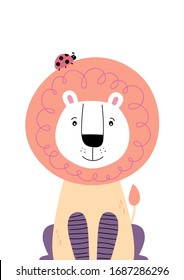 Cute lion with ladybug on the head. Poster for baby room. Childish print for nursery. Design can be used for fashion t-shirt, greeting card, baby shower. Vector illustration.
