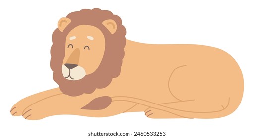 Lindo león puesto en diseño plano. Feliz animal de la fauna africana safari. Ilustración vectorial aislada.