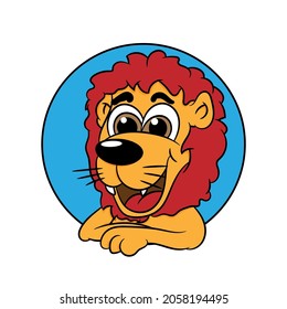 Cute lion leans out of a circular opening and smiles, ideal as a mascot or as a badge or sticker, vector illustration
