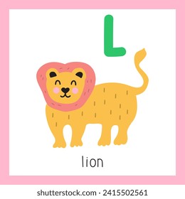 Cute lion. Letter L. English alphabet for children. Educational flat vector illustration on white background.