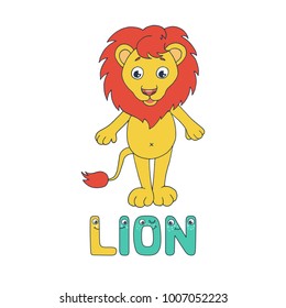 A cute lion. The letter L and the word lion from the funny children's alphabet with the eyes. Vector illustration on the white background in cartoon style.