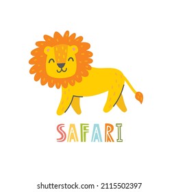 Cute lion with lettering SAFARI on a white background. Vector childish illustration