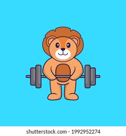 Cute lion lifts the barbell. Animal cartoon concept isolated. Can used for t-shirt, greeting card, invitation card or mascot.