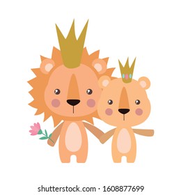Cute lion and lioness cartoon with crown design, Animal zoo life nature character childhood and adorable theme Vector illustration