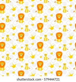 Cute lion and lioness seamless vector pattern. Cartoon yellow wild safari animals and crown on white background for kid textile prints and apparel.