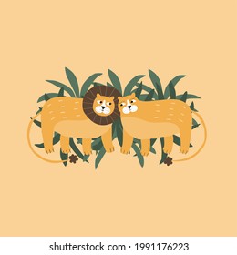 Cute lion and lioness.Couple of lions in love on the jungle background. Vector illustration.