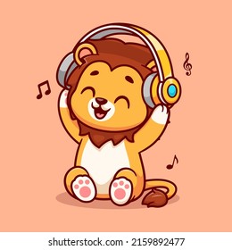 Cute Lion Listening Music With Headphone Cartoon Vector Icon Illustration. Animal Music Icon Concept Isolated Premium Vector. Flat Cartoon Style