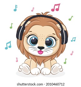 Cute lion listens to music with headphones. Vector illustration of a cartoon.