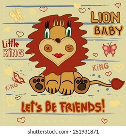 Cute Lion. Little Lion baby child's drawing by hand on a striped background with heart and butterflies - vector illustration