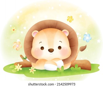 Cute Lion Lying in forest, lion vector, eps