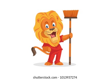 Cute Lion Mascot with a broom in hand.Vector Illustration Isolated on white background.