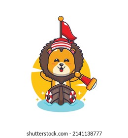 cute lion mascot cartoon character on the boat