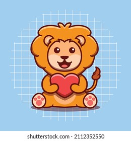 Cute lion mascot character hugging heart vector illustration. Flat cartoon style. Isolated animal concept.