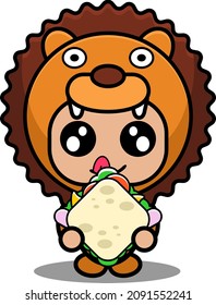 cute lion mascot costume cartoon character vector illustration eating sandwich