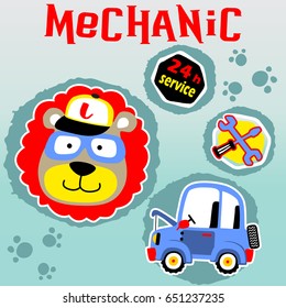 Cute lion the mechanic, auto repair shop elements, vector cartoon illustration