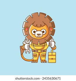 Cute mecánico de león con herramienta en el taller de dibujos animados personaje animal mascota icono de estilo plano conjunto de conceptos de ilustración