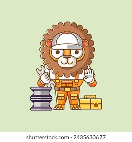 Cute lion mechanic with tool at workshop cartoon animal character mascot icon flat style illustration concept set