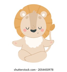 Cute lion meditates in a lotus position, animals yoga 