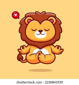 Cute Lion Meditation Yoga Cartoon Vector Icon Illustration. Animal Sport Icon Concept Isolated Premium Vector. Flat Cartoon Style