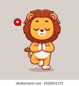 Cute Lion Meditation Yoga Cartoon Vector Icon Illustration. Animal Sport Icon Concept Isolated Premium Vector. Flat Cartoon Style