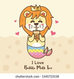 cute lion mermaid drinking a bubble mile tea.Cartoon hand draw kawaii