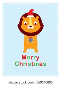 cute lion merry christmas greeting card