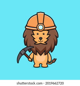 Cute lion miner holding pickaxe cartoon icon illustration. Design isolated flat cartoon style