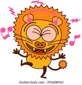 Cute lion in minimalistic style with rounded ears, bulging eyes, sharp teeth and tufted tail while wearing earphones, clenching its eyes, listening to music, smiling generously and dancing animatedly