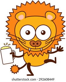 Cute lion in minimalistic style with rounded ears, bulging eyes, sharp teeth and tufted tail while opening its eyes, raising its arms and holding a glass of frothy beer as for celebrating something