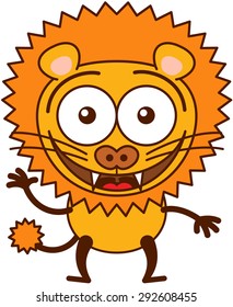 Cute lion in minimalistic style with rounded ears, bulging eyes, sharp teeth and long tufted tail while waving, greeting and welcoming animatedly