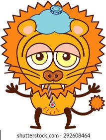 Cute lion in minimalistic style with rounded ears, bulging eyes, sharp teeth and tufted tail while having a thermometer in its mouth, an ice pack above its head, showing a sad mood and feeling sick